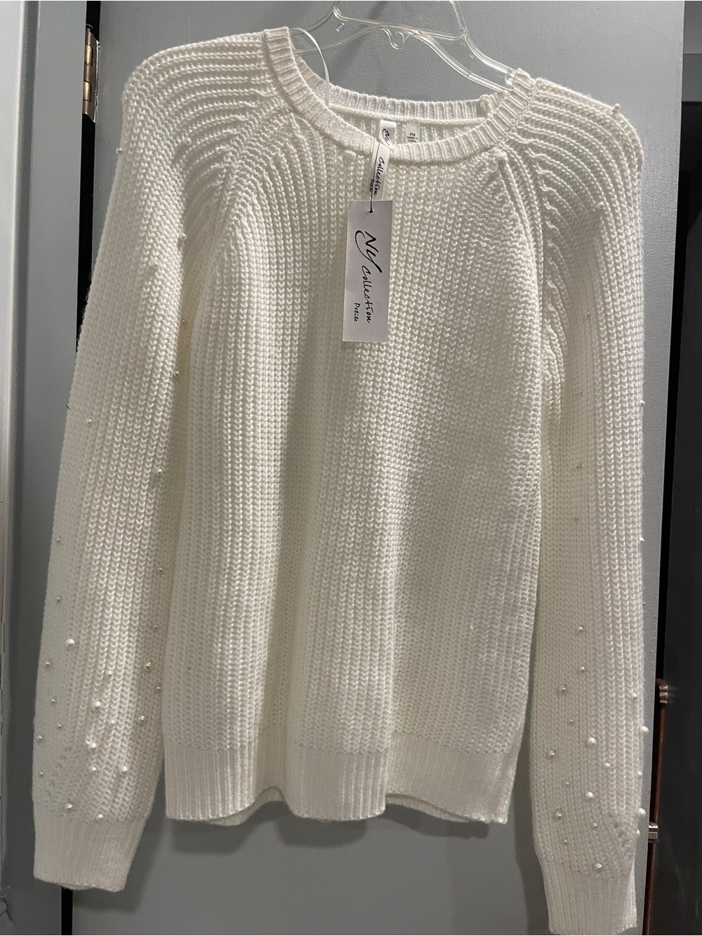 NY Collection Cream Crewneck Sweater with Pearl Sleeve Detail NWT size PM